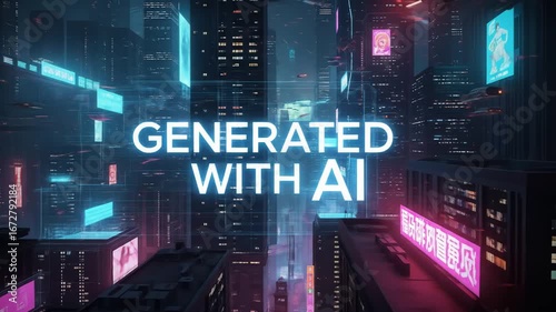 Futuristic Cityscape with Flying Vehicles and Neon Signs, AI Generated