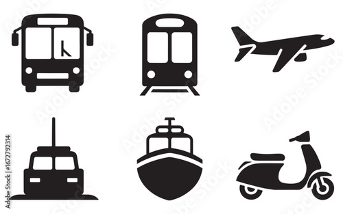 Transportation Mode Icons Representing Varied Options for Travel and Commuting Purposes, Including Land, Air and Water Transport