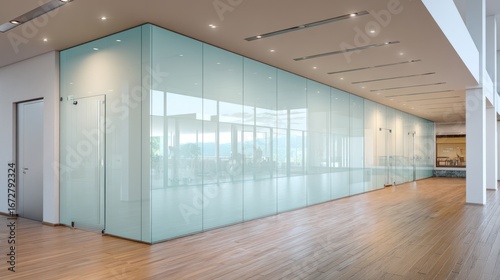 Modern office hallway with tinted glass walls