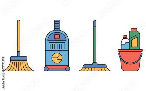 Cleaning Tools Collection Illustration Vector Design Featuring Brooms Vacuum Cleaner and Bucket with Bottles Ideal for Spring Cleaning Concepts