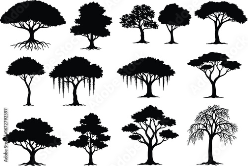 Collection of Tree Silhouettes for Nature Design, Vector Forest Illustration Set, Isolated Tree Shapes Perfect for Landscaping, Environment Projects, and Graphic Art