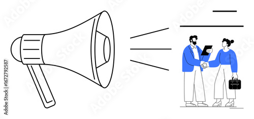 Megaphone projecting sound towards colleagues shaking hands and discussing documents. Ideal for communication, teamwork, marketing strategy, collaboration, networking, public relations, leadership