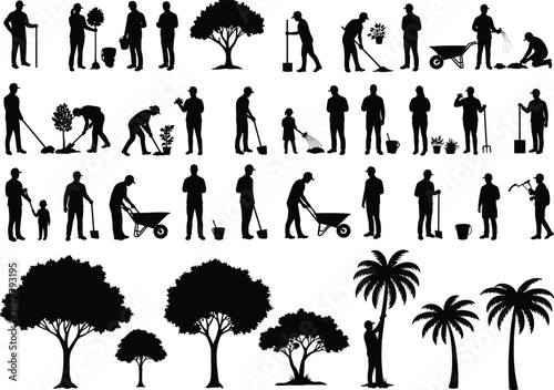 Gardening Worker Silhouettes, Tree Planting, Watering, Digging, Raking, Pruning, and Nature Care Vector Set for Landscaping and Agriculture Project Designs