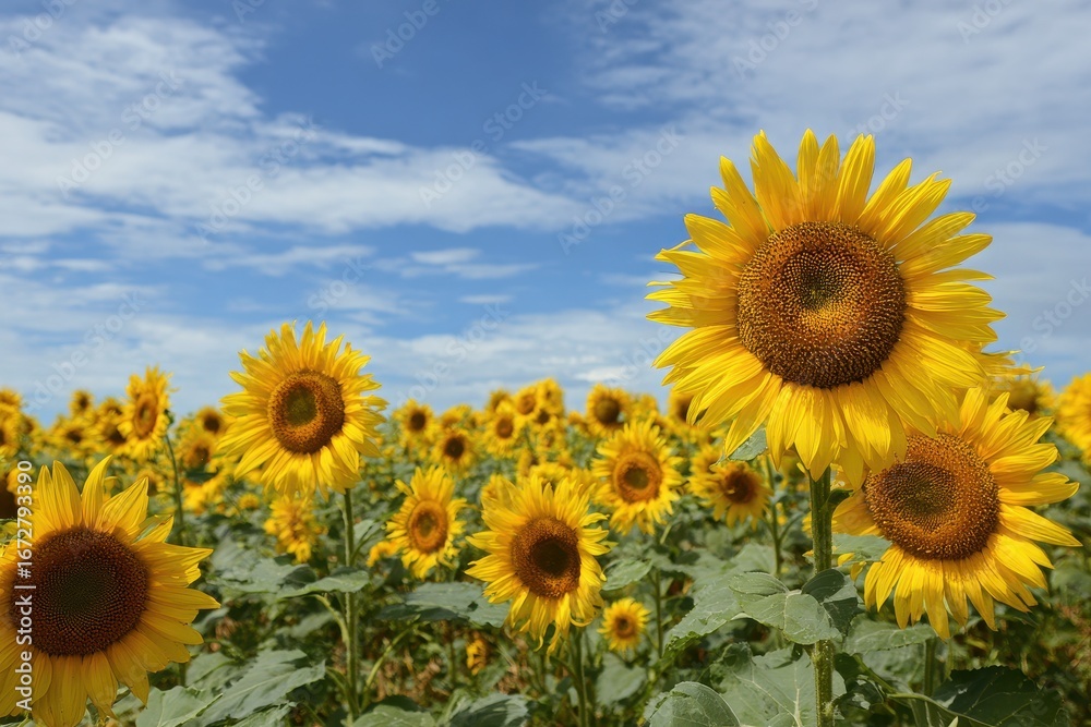 Fototapeta premium Field of sunflowers under a bright summer sky