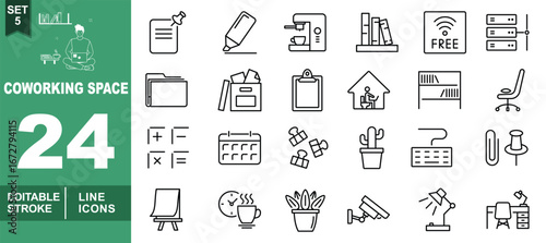 Coworking line icon set. Exclusive Coworking line icon collection. Containing note, marker, machine, books, wifi, server, folder, box, clipboard, house, bookshelf, chair, and formula. Editable stroke