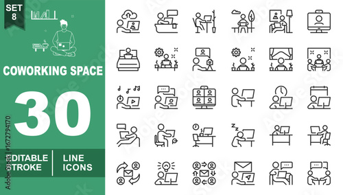 Coworking line icon set. Exclusive Coworking line icon collection. Containing cloud, person, person, chair, person, monitor, bed, gear, camera, gear, meeting, music, person, people. Editable stroke
