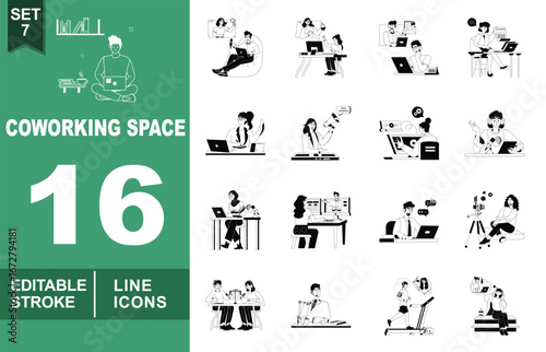 Coworking Space line icon set. Exclusive Coworking Space line icon collection. Containing man sitting in a beanbag chair video conferencing on a laptop, two people sitting, and etc. Editable stroke