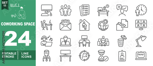 Coworking line icon set. Exclusive Coworking line icon collection. Containing monitor, people, checklist, desk, feedback, clock, person, email, house, gear, transfer, monitor, person. Editable stroke