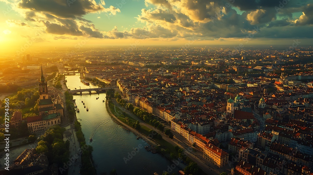 Fototapeta premium Warsaw skyline view with sunset over old town picture