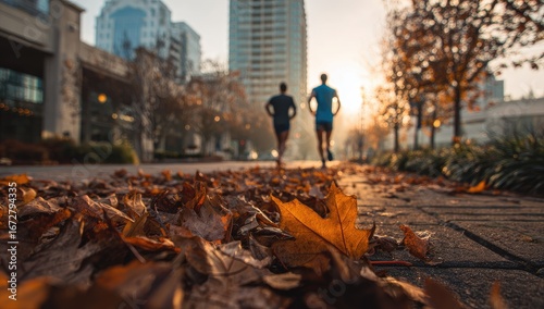 Autumn morning run in city. Two people jogging through fallen leaves