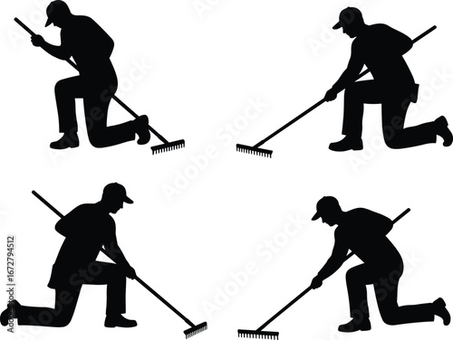 Silhouettes of man kneeling and raking garden, outdoor yard work, landscaping, gardening tools, home maintenance, cleaning lawn, nature care, rake action poses