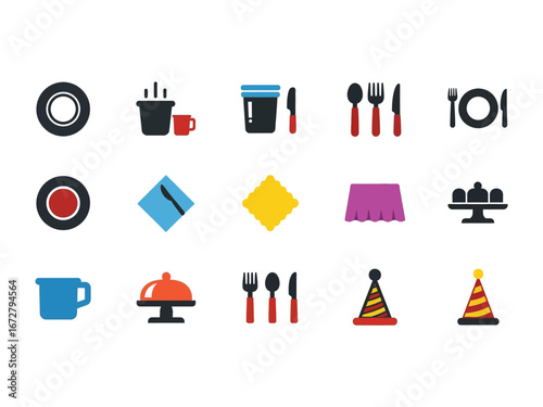 Culinary Iconography: An arrangement of various illustrative tableware elements, rendered in vibrant, eye-catching colors, signifying various culinary or dining concepts.