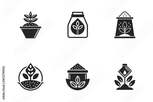 Set of Agriculture Fertilizer Icons representing different fertilizer types and plant care methods for farming and gardening usage