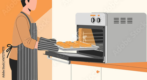 Chef Removing Baked Goods From Oven, Illustrating Culinary Practices, Kitchen Scene