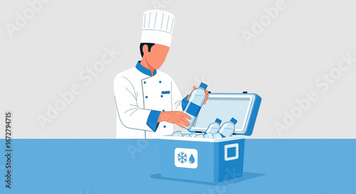 Chef Putting Bottle Of Water In A Cooler For Fresh Liquids, Refreshment And Hydration