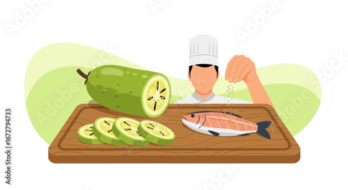 Chef Seasoning Fish And Squash On Wooden Cutting Board With Ingredients.