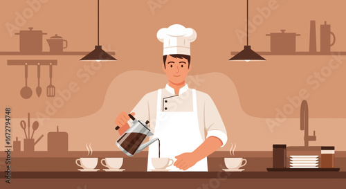 Chef Serving Coffee In Kitchen Preparing Beverage For Daily Morning Ritual