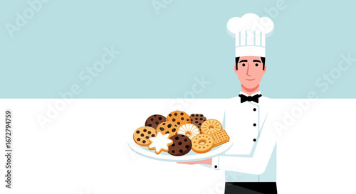 Chef Serving Plate With Various Delicious Cookies Illustration Design