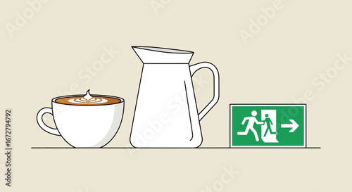 Coffee Delight Near Emergency Exit Sign: Refreshment, Readiness, and a Moment of Calm