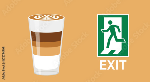 Coffee Latte Beside An Exit Sign Indicating An Emergency Escape Route