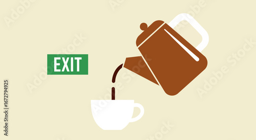 Coffee Pot Pours Into Mug Beside Exit Sign Symbolizing Escape, Fresh Start, or Focus