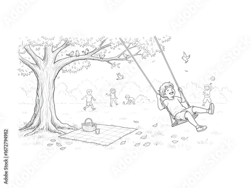 Child's Playground Drawing: A charming sketch capturing the innocence of youth and the joy of play, showing a child swinging high on a swing under a large tree in the park.