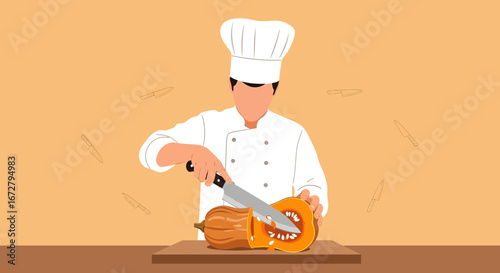 Chef Slicing Freshly Harvested Pumpkin Preparing Food for Culinary Delights Seamless Illustration