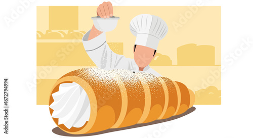 Chef Sprinkles Powdered Sugar Over A Cream Horn Pastry For Dessert Creation