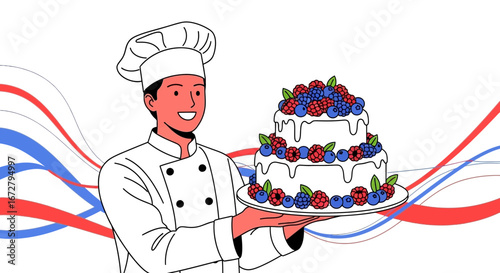 Chef Smiling Proudly Presenting a Magnificent Cake with Berries, A Culinary Creation