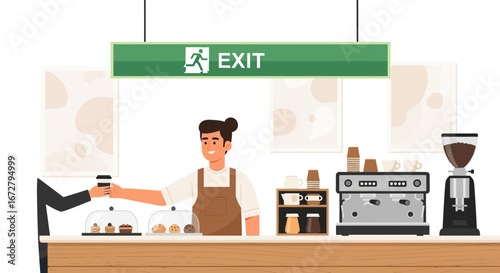 Coffee Shop Barista Serving a Customer with Exit Sign Showing the Way Out