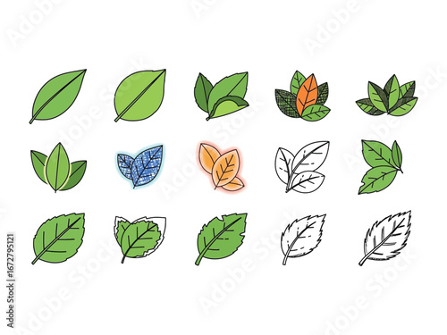 Leaf Collection: A vibrant set of leaves in various styles, from simple outlines to detailed illustrations, showcasing the diversity of nature's designs and perfect for design needs. 
