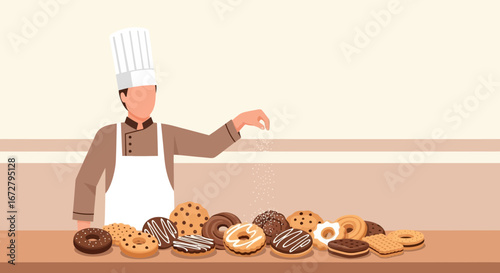 Chef Sprinkling Sweet Powder Over Array Of Yummy Baked Goods For Delightful Dessert Baking