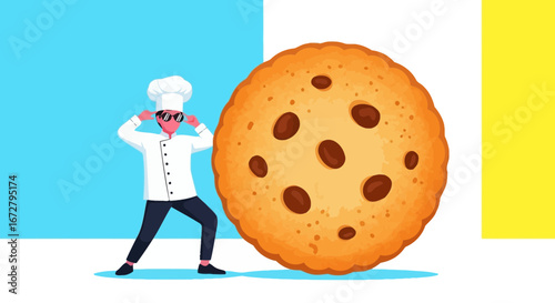 Chef With Giant Cookie: A Whimsical Illustration with Vibrant Colors and Playful Design