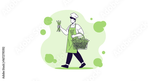 Chef With Harvested Fresh Green Produce Preparing To Cook Exquisite Dishes In Kitchen