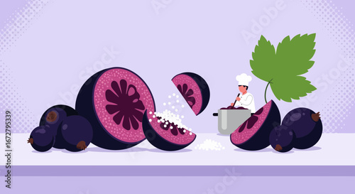 Conceptual Culinary Concoction Featuring Exotic Fruit, Chef, and Preparation Process