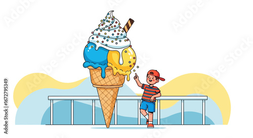 Child Admiring Enormous Ice Cream Cone Cartoon Illustration, Summer Fun Concept
