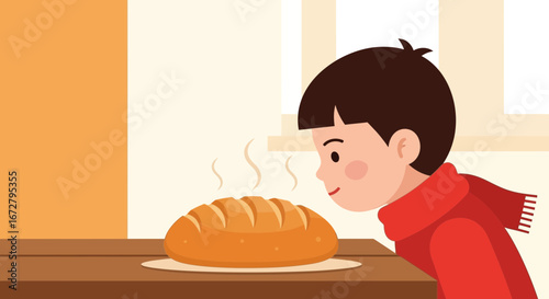 Child Appreciates Freshly Baked Bread Aromas Emanating From The Loaf Of Bread