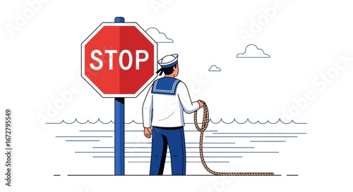 Conceptual Sailor Facing a Stop Sign Suggesting Restriction Beside Water and The Horizon