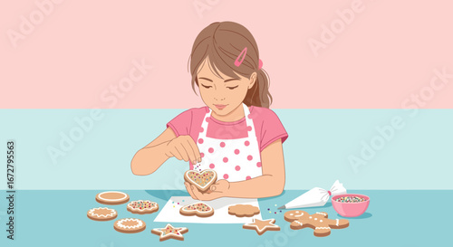 Child Decorating Cookies, Sweet Treats and Enjoying Culinary Practice with Pink Pastel Backround