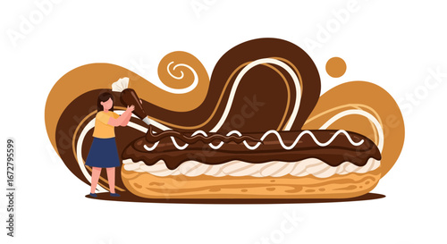 Confectioner Adding Cream Decoration To Delicious Eclair With Abstract Background Design
