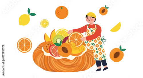 Confectioner Decorating A Fruit Tart Illustration For Culinary And Baking Concepts