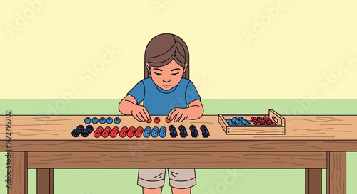 Child Engaged In Food Sorting Activities On A Tabletop With Vibrant Berries Displayed