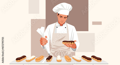 Confectioner Decorating Éclairs with Precision, Creating Sweet Delights With Expertise