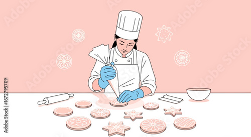 Confectioner Decorating Biscuits Against Pastel Backdrop With Abstract Ornaments Displayed.
