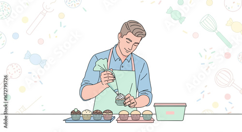 Confectioner Expertly Decorating Cupcakes With Icing, Adding Finishing Touches To Delightful