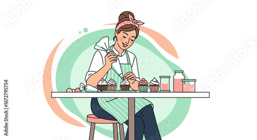 Confectioner Expertly Icing Mouthwatering Cupcakes Creating a Delightful Culinary Scene