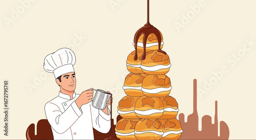 Confectioner Pouring Chocolate Over A Profiterole Tower For Sweet Indulgence Dessert Art