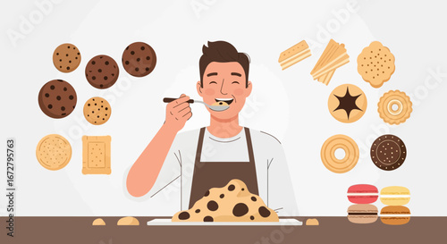 Confectioner Pleased Tasting Freshly Baked Goods Displaying Delicious Cookies and Cakes