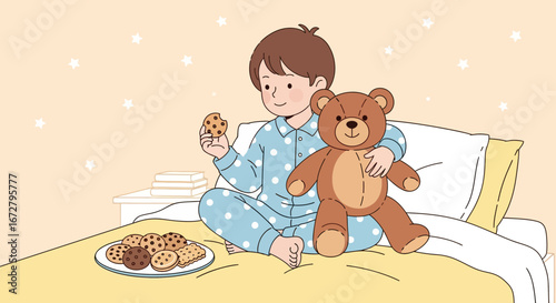 Child Enjoying Cookies On Bed While Cuddling Beloved Teddy Bear In Bedroom
