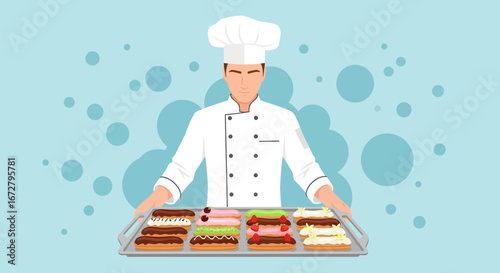 Confectioner Presenting Delightful Eclairs: A Visual Feast of Sweet Pastry Perfection